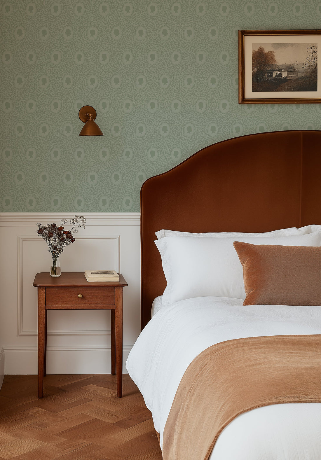 Etienne Wallpaper in Blue-Grey Muted-Sage and Dusty-Rose