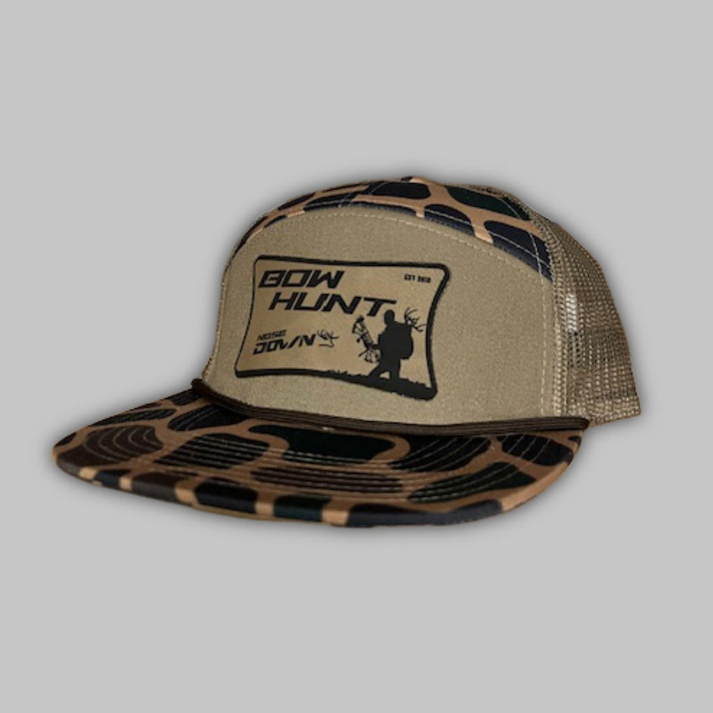 Unisex 7-panel BowHunter camo snapback hat in tan, brown, and black.