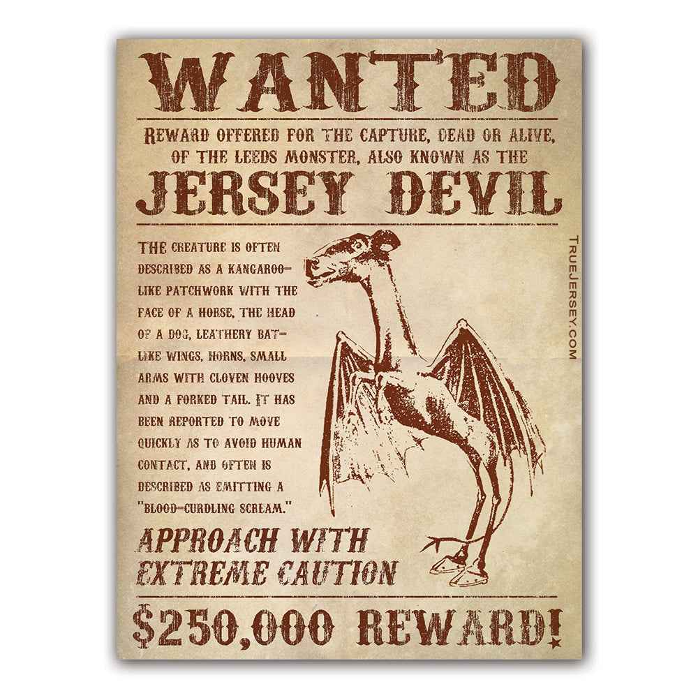 Wanted Jersey Devil themed vinyl sticker for laptops and water bottles