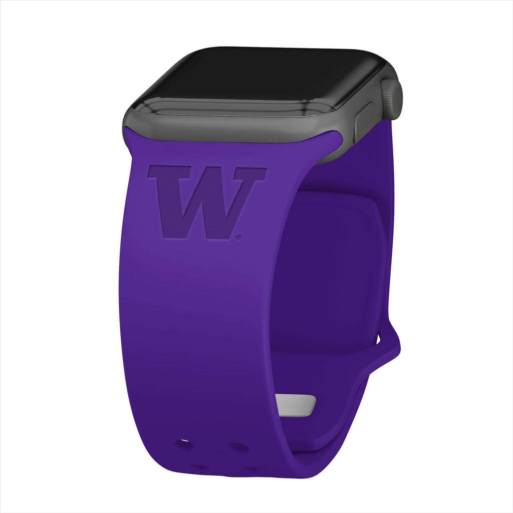 Washington Huskies logo engraved on a comfortable silicone Apple Watch strap
