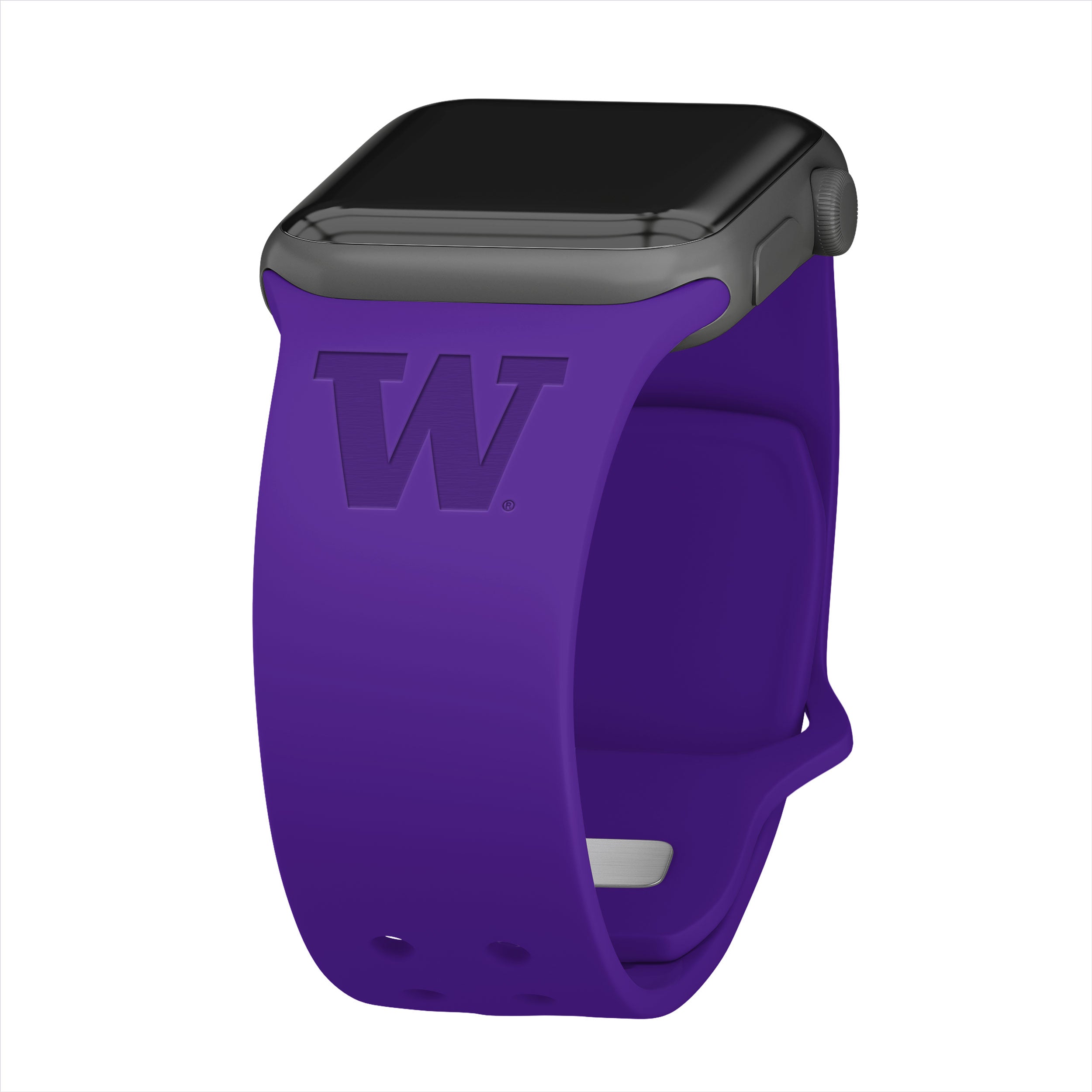 Washington Huskies logo engraved on a comfortable silicone Apple Watch strap