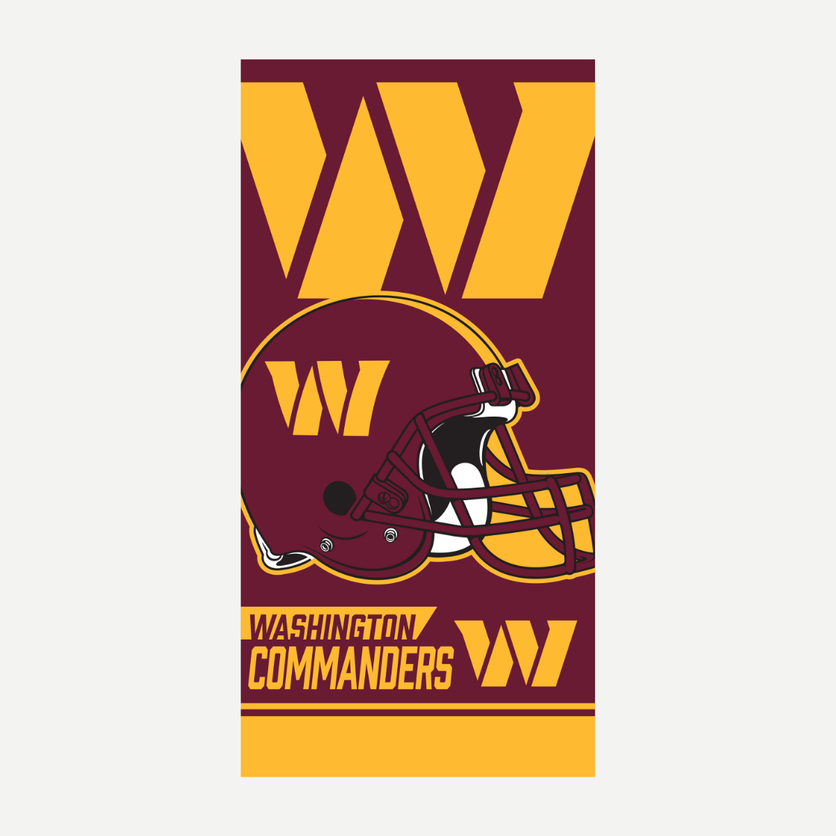 Washington Commanders branded velour beach towel in burgundy and gold with a team helmet graphic