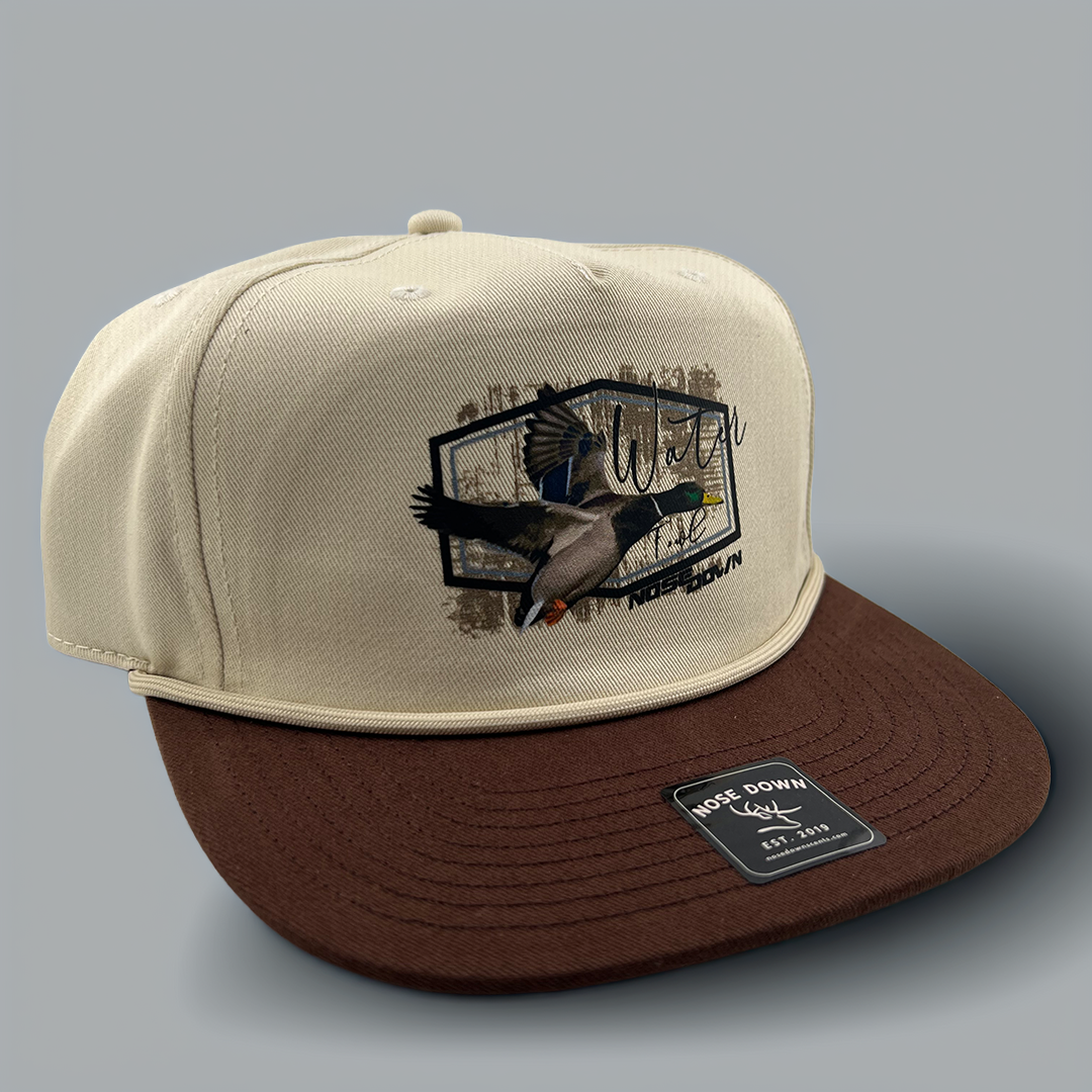 Waterfowl hunting rope hat with custom DTF graphic design on the front panel
