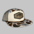 Crank Bait 7-panel camo fishing hat with snapback closure.