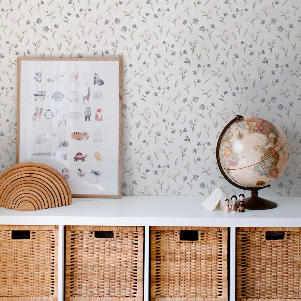 Mae Floral Removable Wallpaper in White, Pale-Pink and Grey