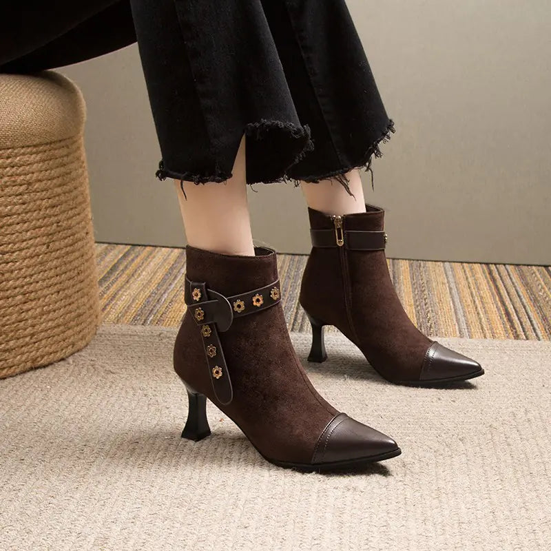 Women's Pointed Toe Ankle Boots with Flower Stud Detail - Image 3