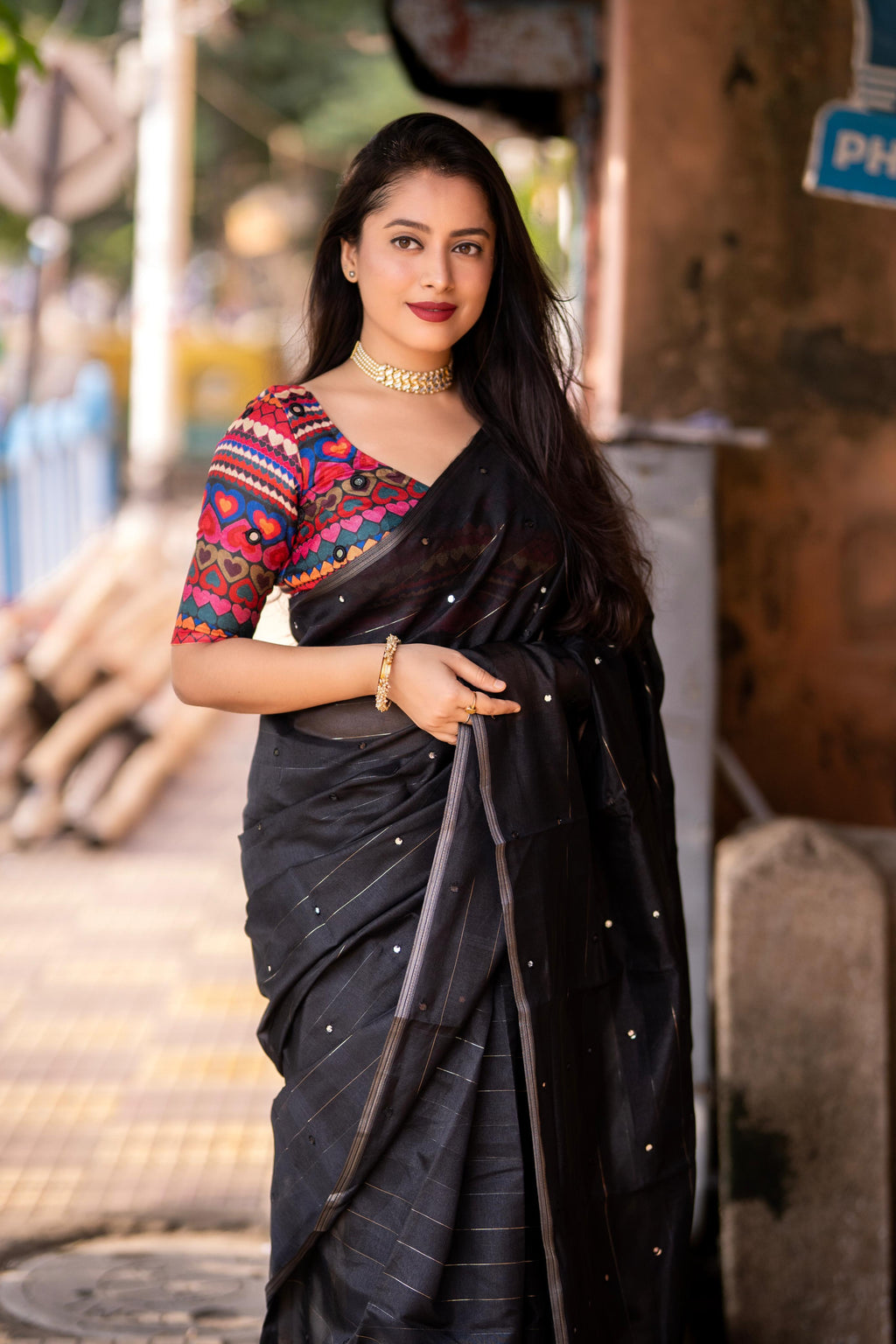 Black Pure Linen Saree with Aari Mirror Work and Jute Silk
