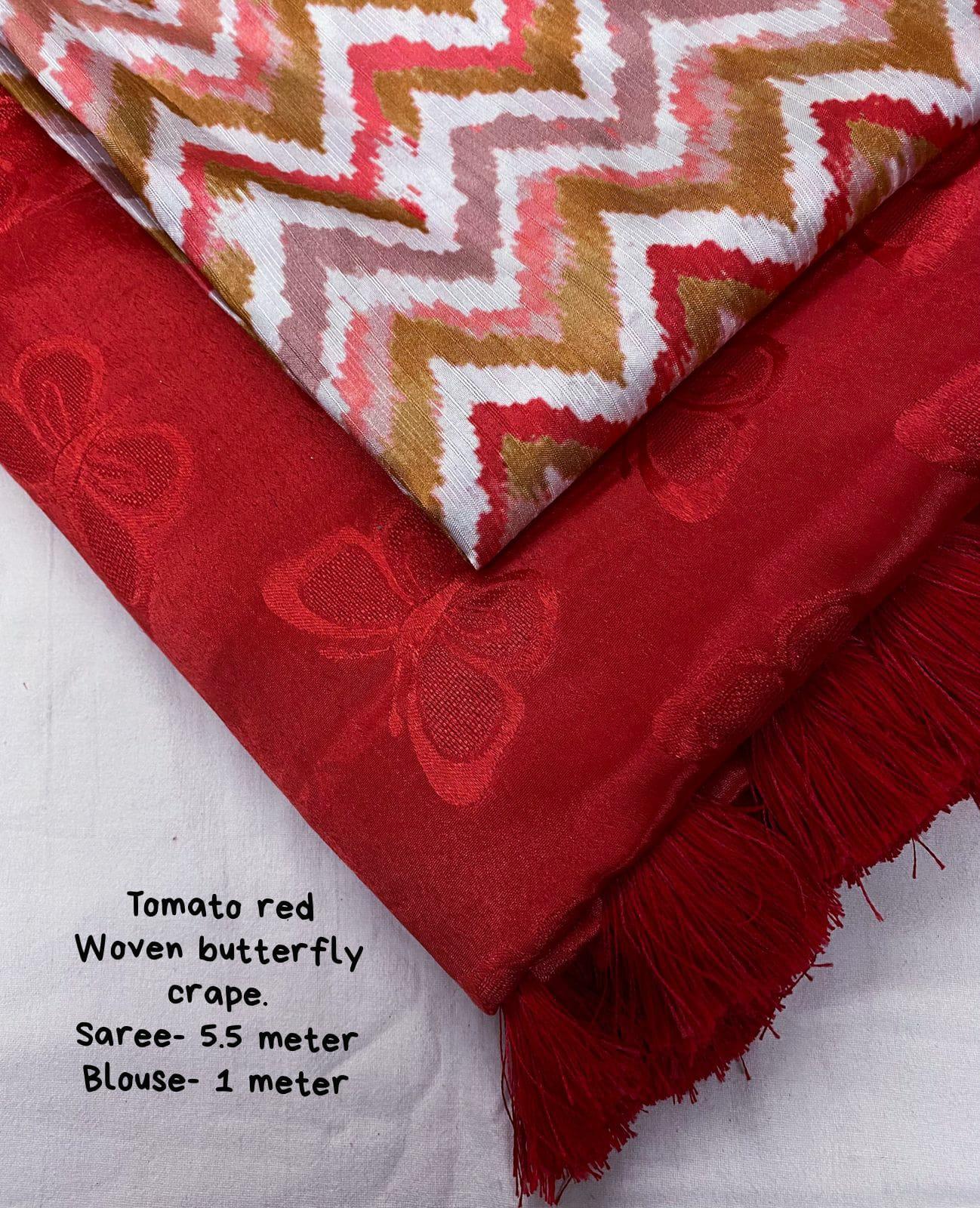 Red Silk Blend Saree with Butterfly Motifs and Mulberry Silk Blouse