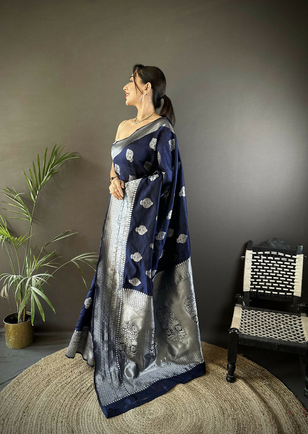 Navy Blue Floral Soft Silk Banarasi Saree with Matching Blouse