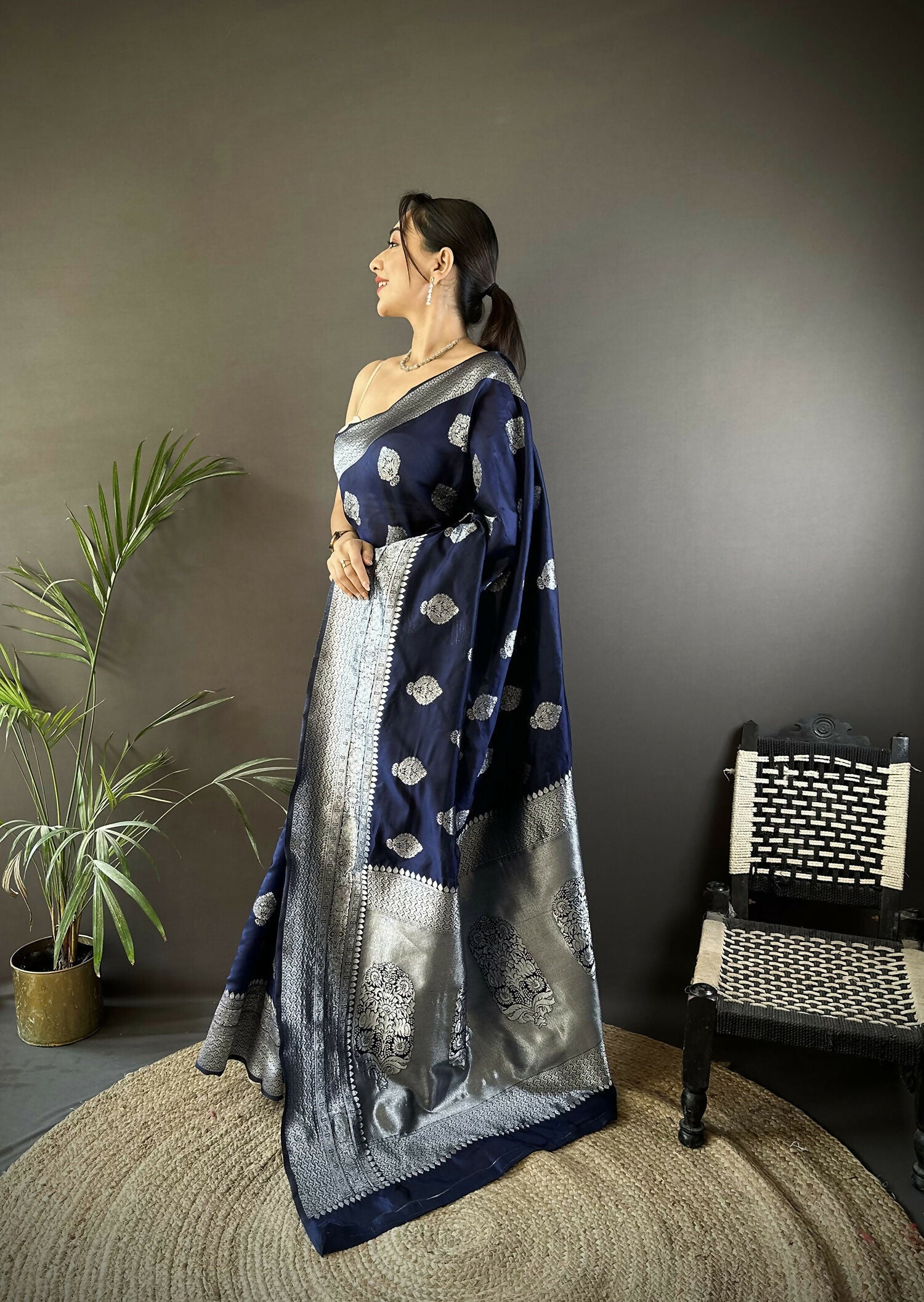 Navy Blue Floral Soft Silk Banarasi Saree with Matching Blouse