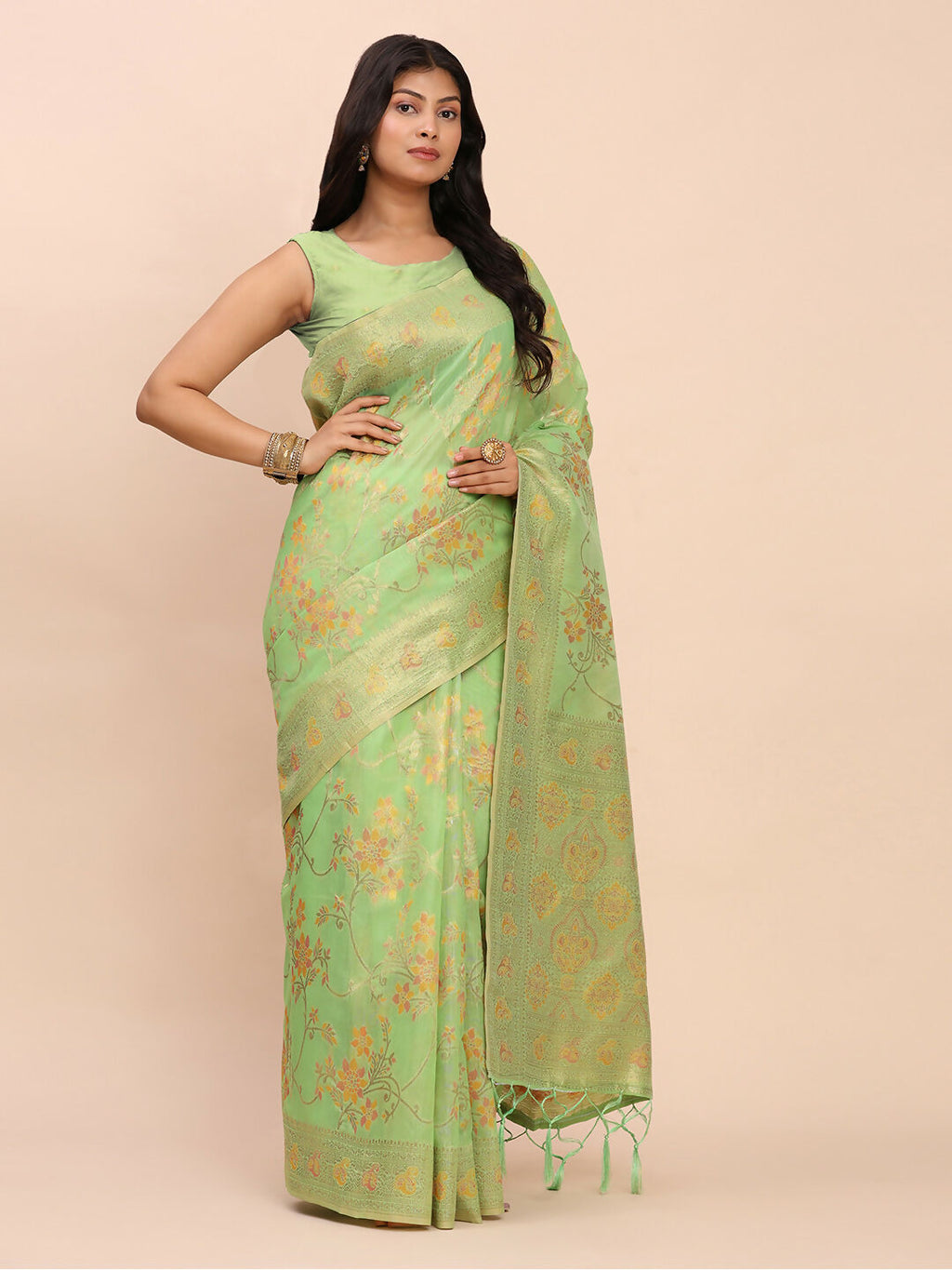 Green Linen Cotton Saree with Matching Blouse Piece