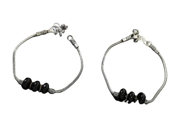 Oxidised Silver Anklets with Black Beads - Traditional Payal