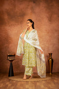 Model wearing a vibrant yellow hand block printed cotton suit set