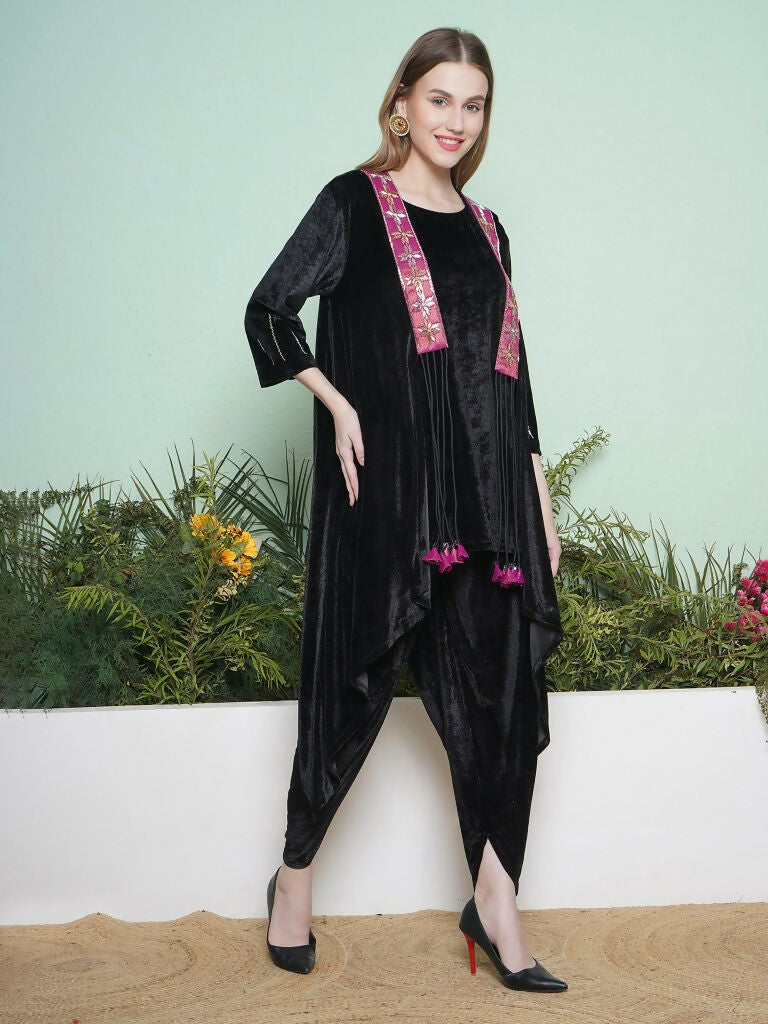 Black Dhoti Salwaar Set with Hand Embellished Velvet Jacket