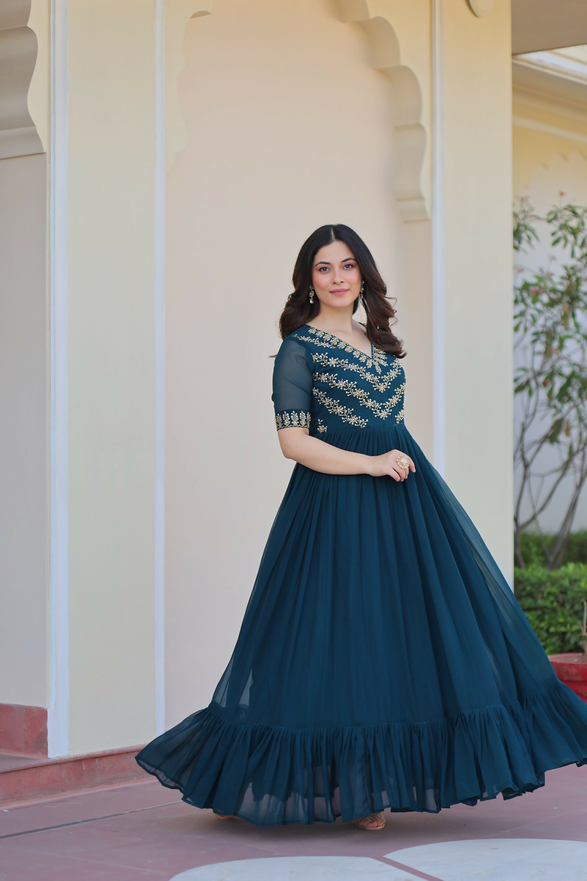 Joban Fashion Rama Green Georgette Sequence Embroidery Work Gown