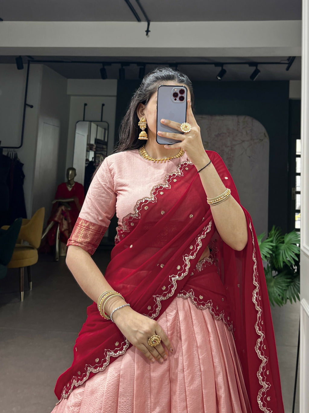 Peach Cotton Silk Lehenga Choli Set with Zari Weaving