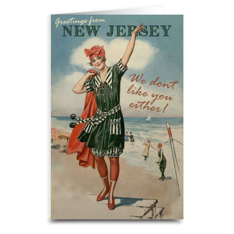 Vintage style New Jersey greeting card featuring red, blue, and black typography