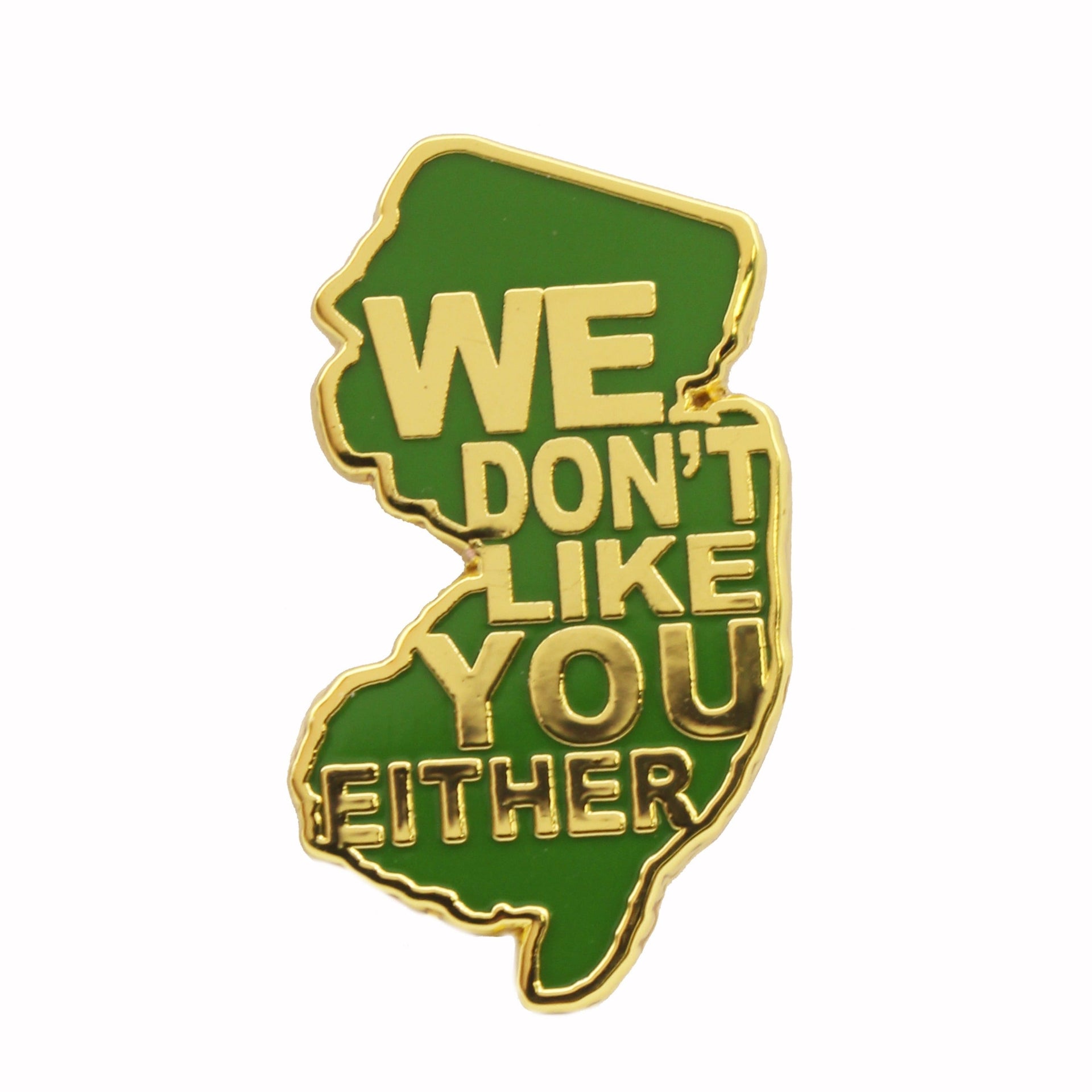 High-contrast Mutual Feelings enamel pin with a Garden State theme.