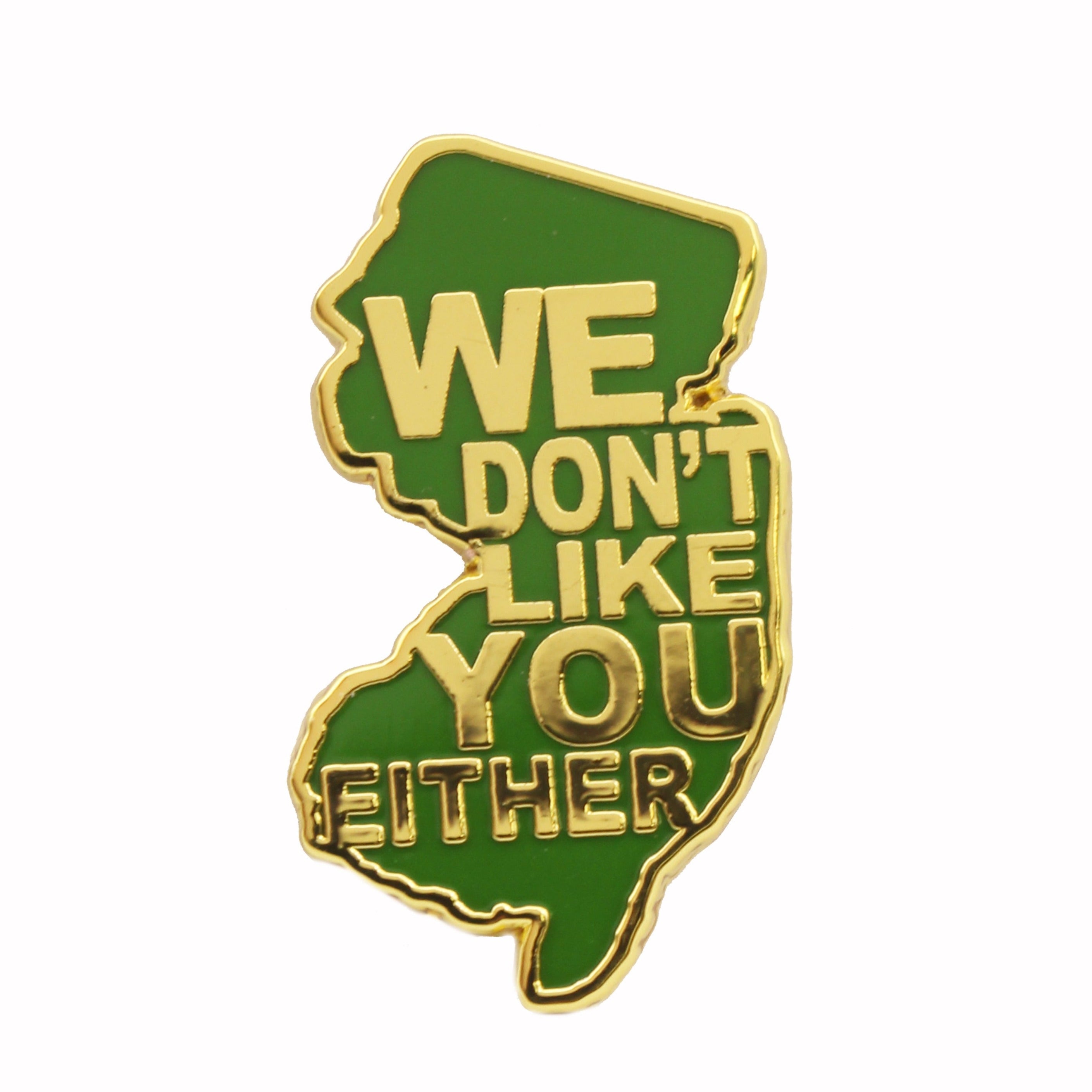 High-contrast Mutual Feelings enamel pin with a Garden State theme.