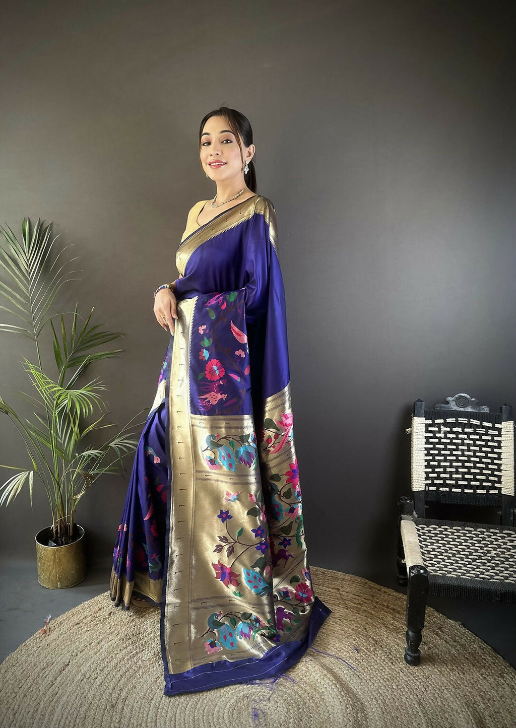 Royal Blue Floral Paithani Saree in Soft Silk with Blouse Piece