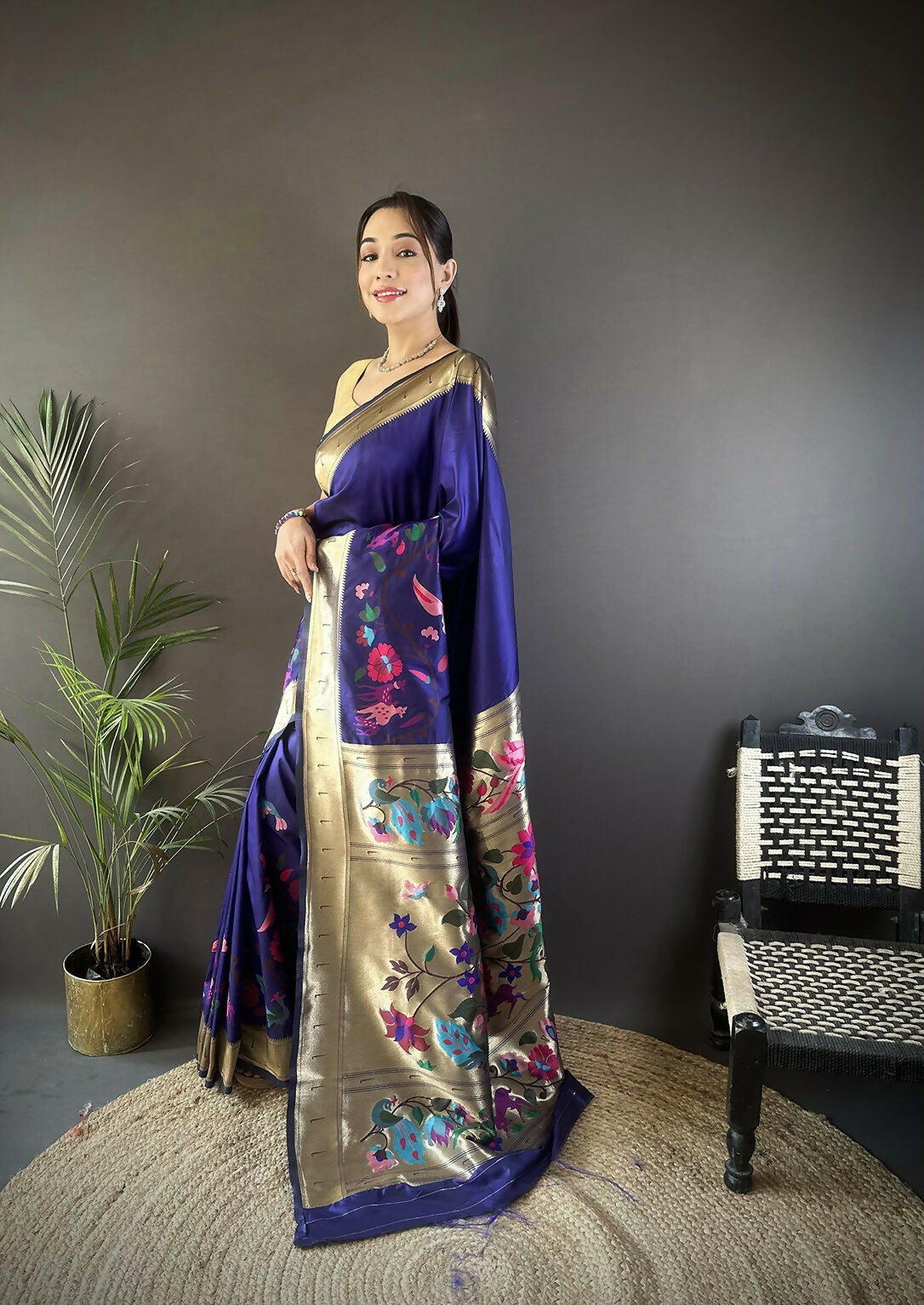 Royal Blue Floral Paithani Saree in Soft Silk with Blouse Piece