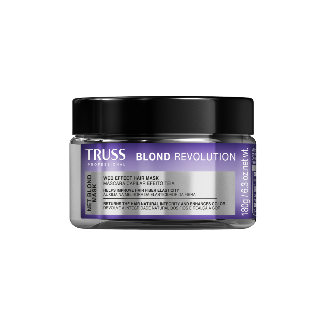 Truss Blond Revolution Net Blond Mask in a 6.3 oz jar with violet and metallic silver branding