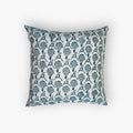 Azure blue pure linen throw pillow cover with a floral block print and striped background.