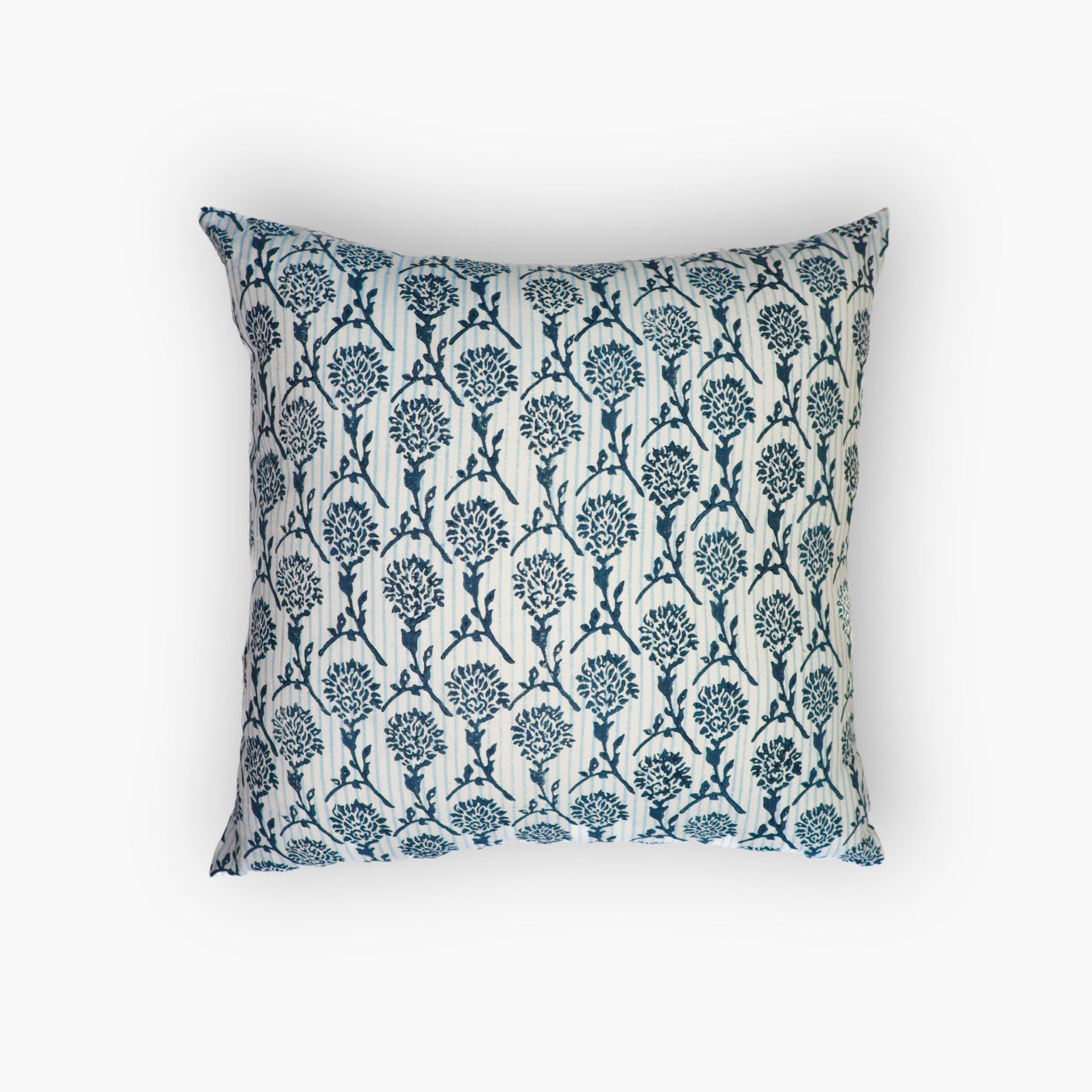 Azure blue pure linen throw pillow cover with a floral block print and striped background.