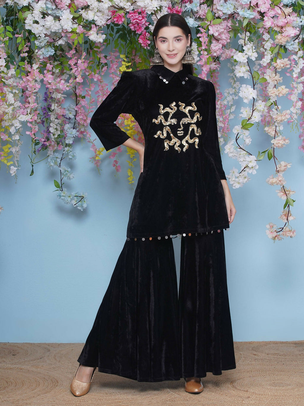 Black Velvet Sharara Set with Maroon Accents