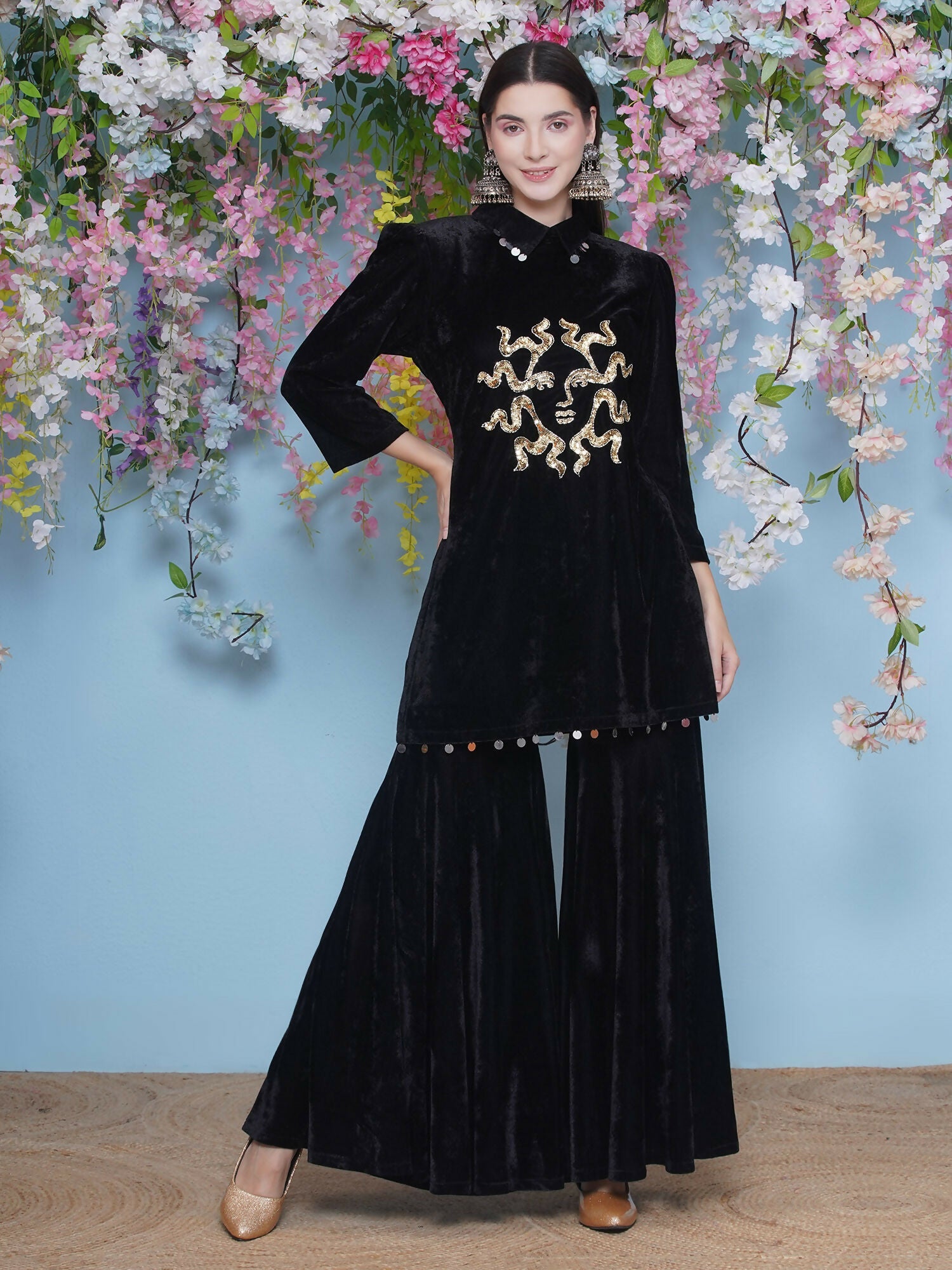 Black Velvet Sharara Set with Maroon Accents