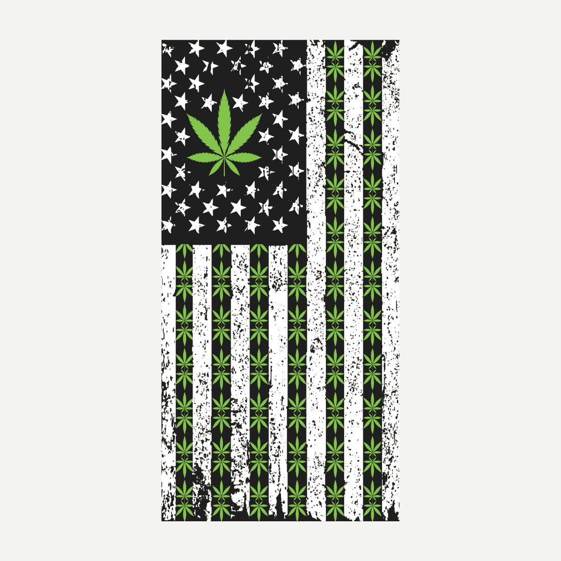 A rectangular beach towel featuring an American flag design with black and white stripes and a prominent green marijuana leaf pattern throughout.