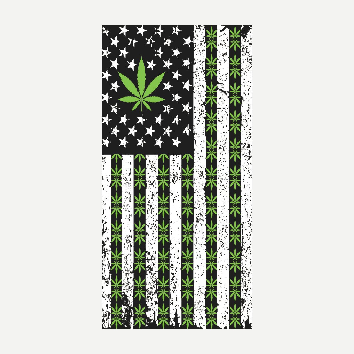A rectangular beach towel featuring an American flag design with black and white stripes and a prominent green marijuana leaf pattern throughout.