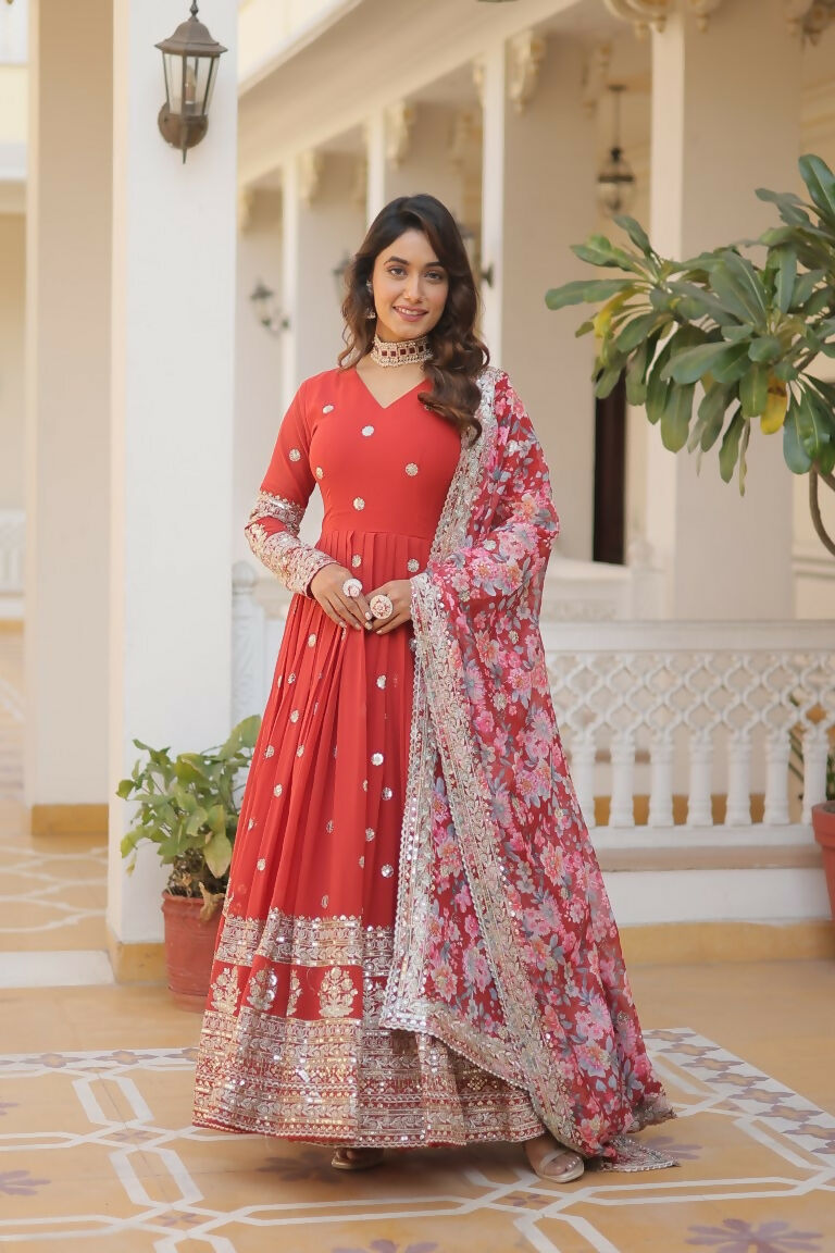 Women's Orange Faux Georgette Sequins Zari Embroidered Anarkali