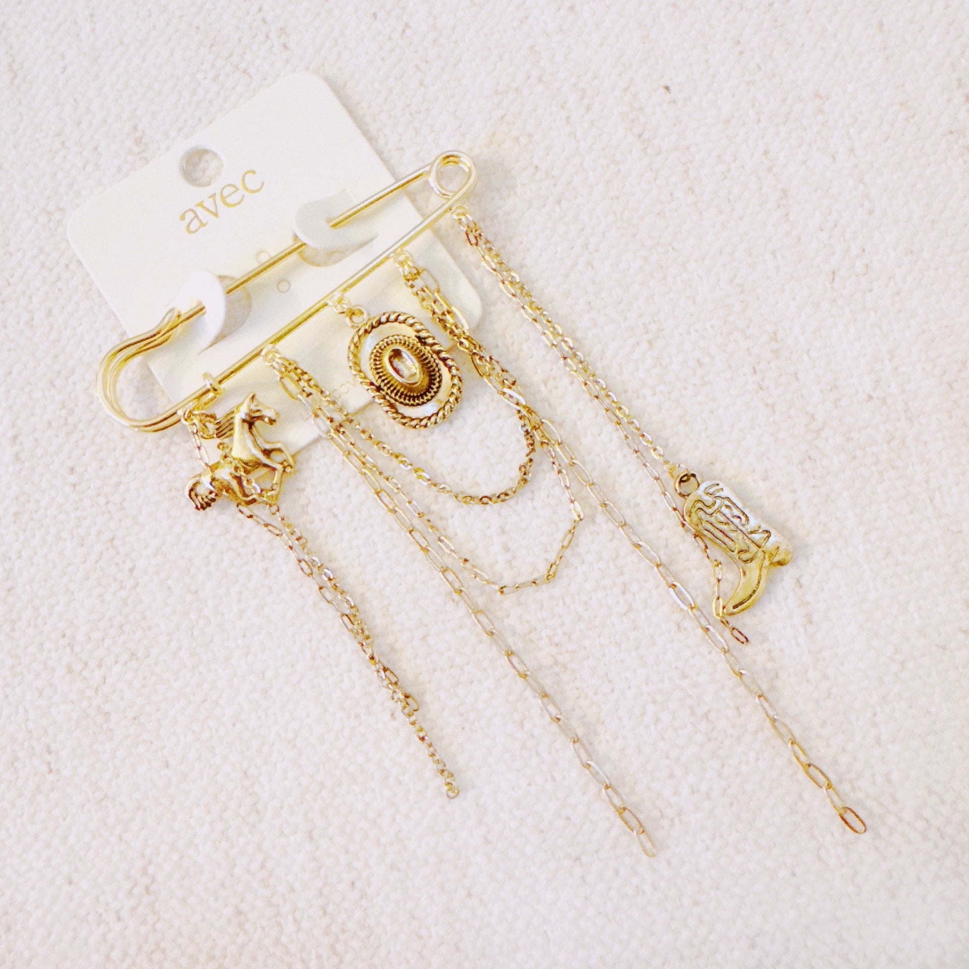 Western Charm Pin Brooch – Gold Safety Pin Style with Cowboy-Inspired Charms