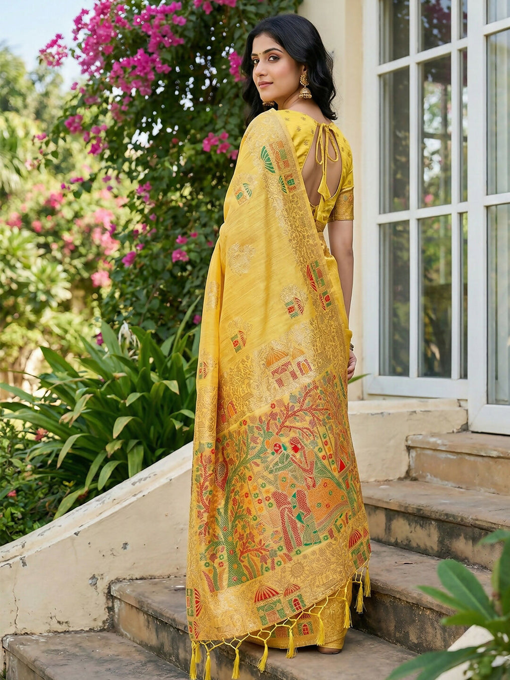 Yellow Linen Cotton Saree with Matching Blouse Piece