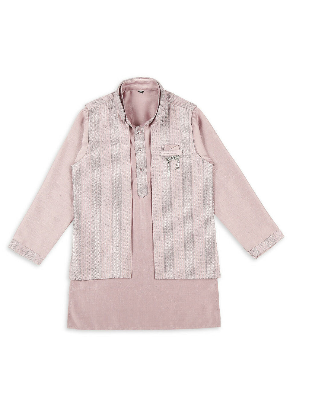 Boys Pink Embroidery Sequence Kurta Pyjama Set with Nehru Jacket