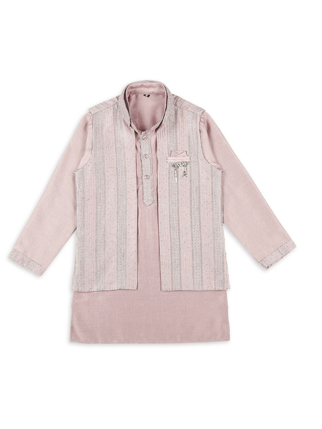 Boys Pink Embroidery Sequence Kurta Pyjama Set with Nehru Jacket