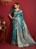 Sea green silk blend saree with matching blouse piece