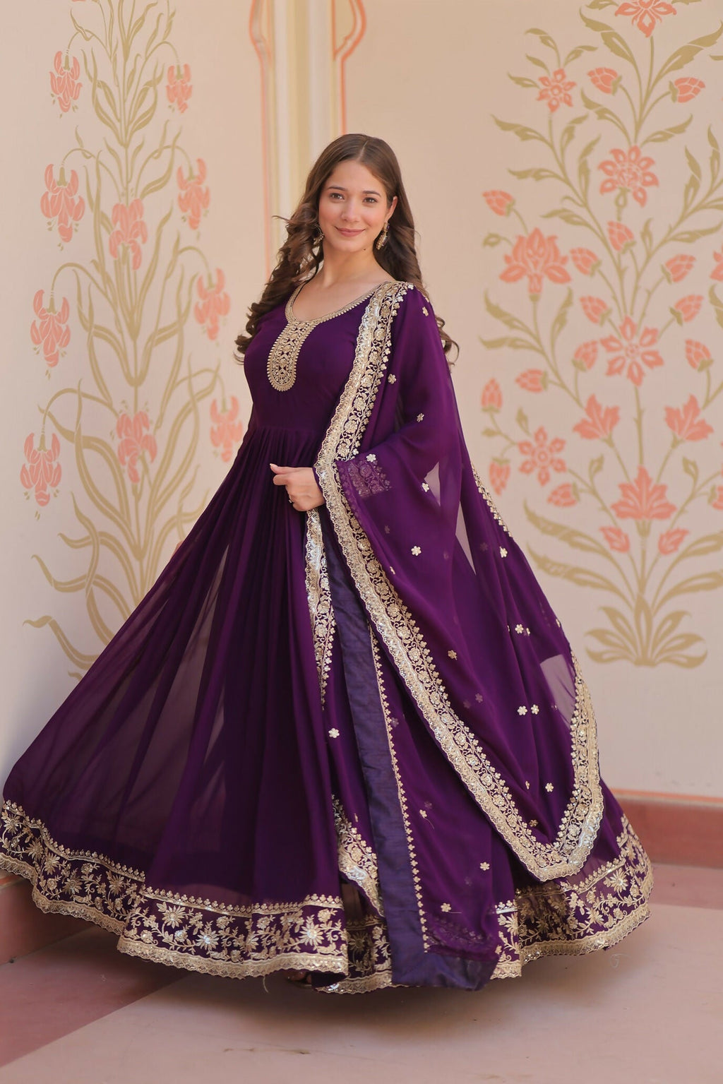 Joban Fashion Purple Georgette Sequence Embroidery Work Kurta Set