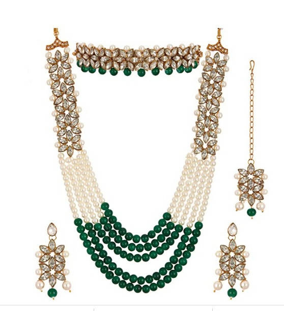Mominos Fashion Rajwadi gold-polished necklace combo set featuring green pearls and decorative stones