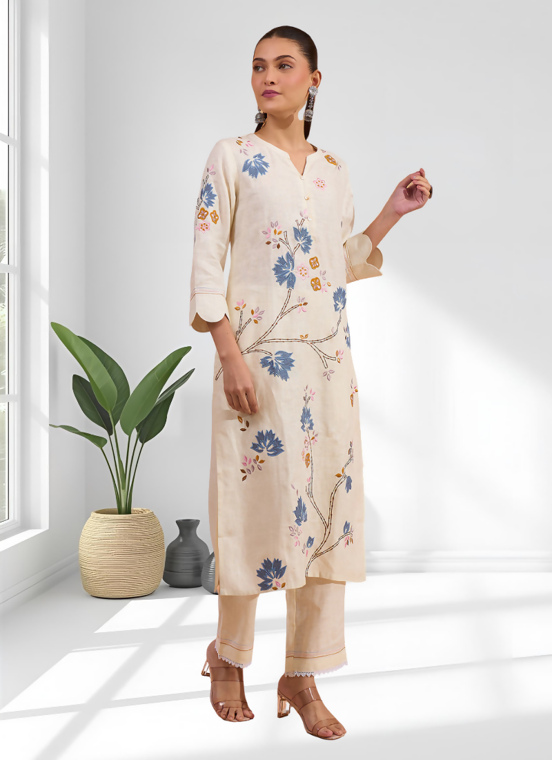 Cream Embroidered Linen Long Kurta Set with Matching Pant