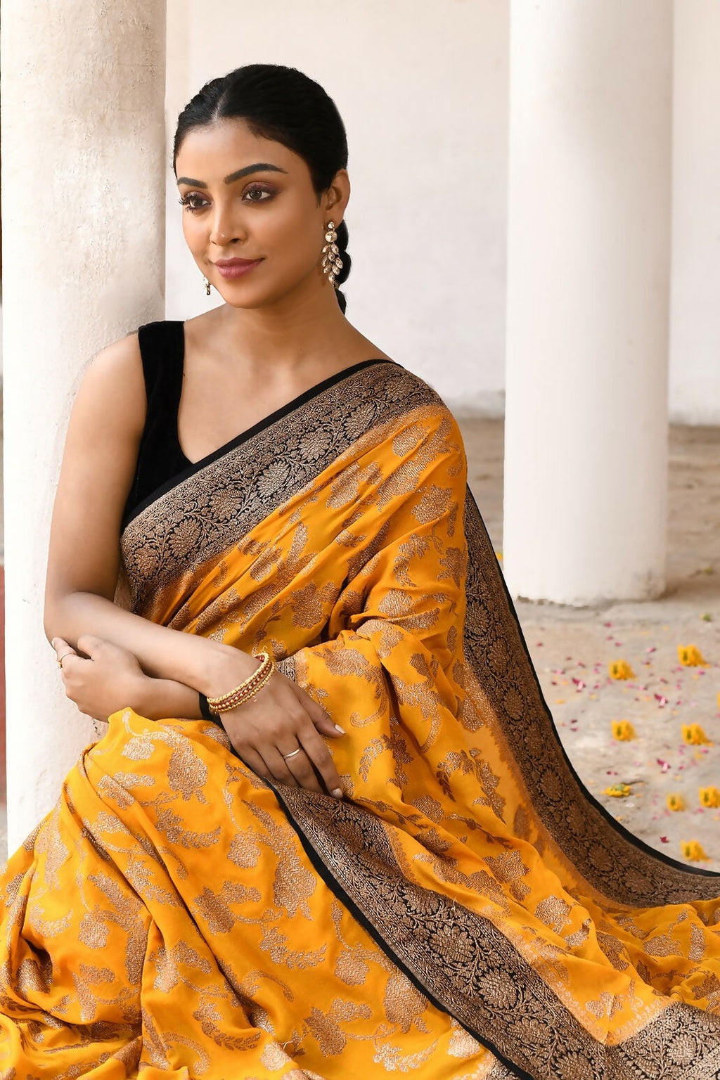 Yellow Crepe Chiffon Pure Handloom Banarasi Silk Saree