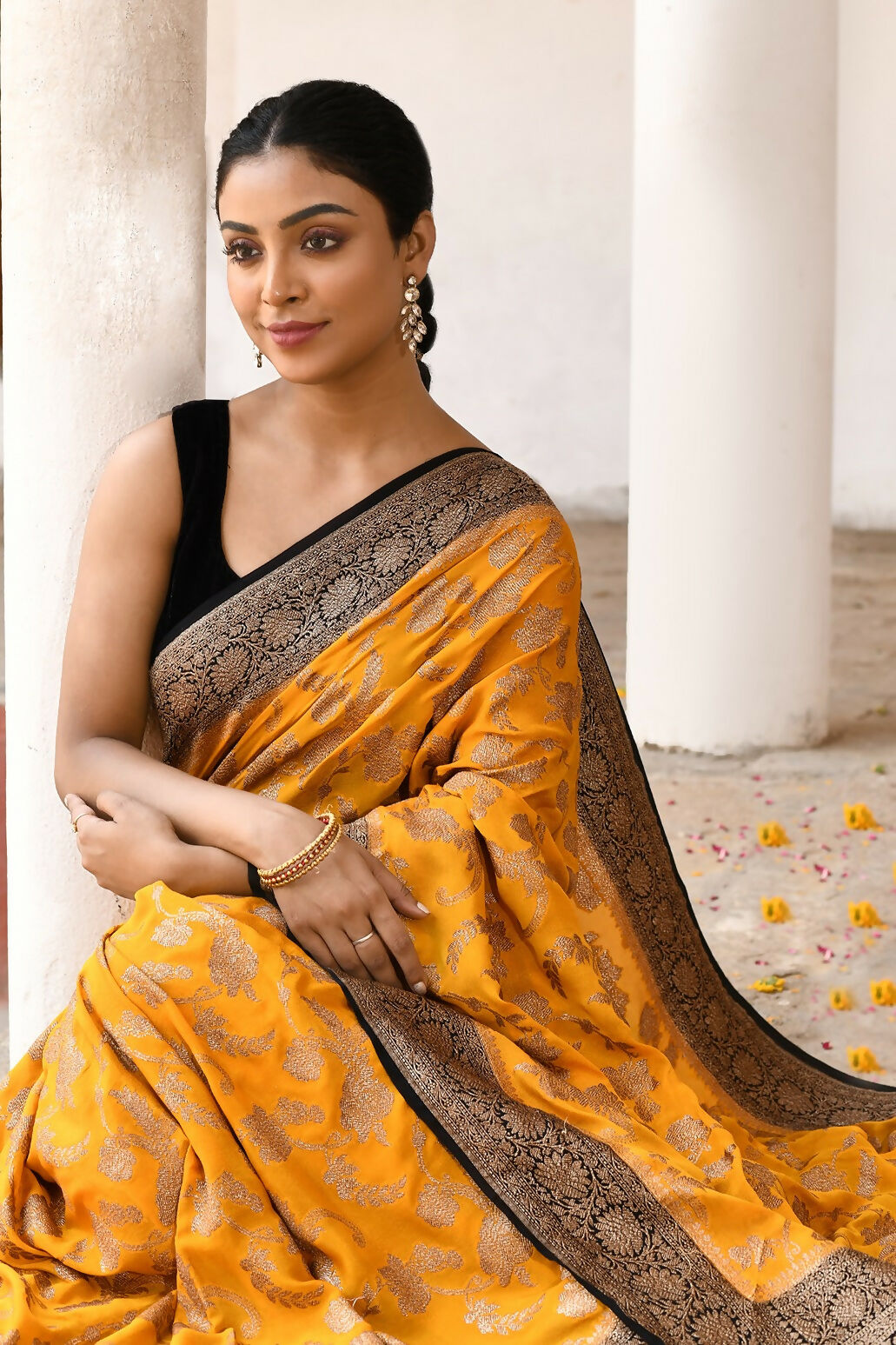 Yellow Crepe Chiffon Pure Handloom Banarasi Silk Saree