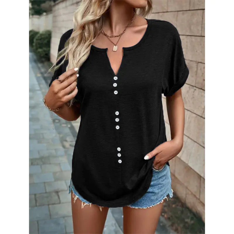 Women's V-Neck Short Sleeve Button-Front Casual Summer Blouse - Image 7