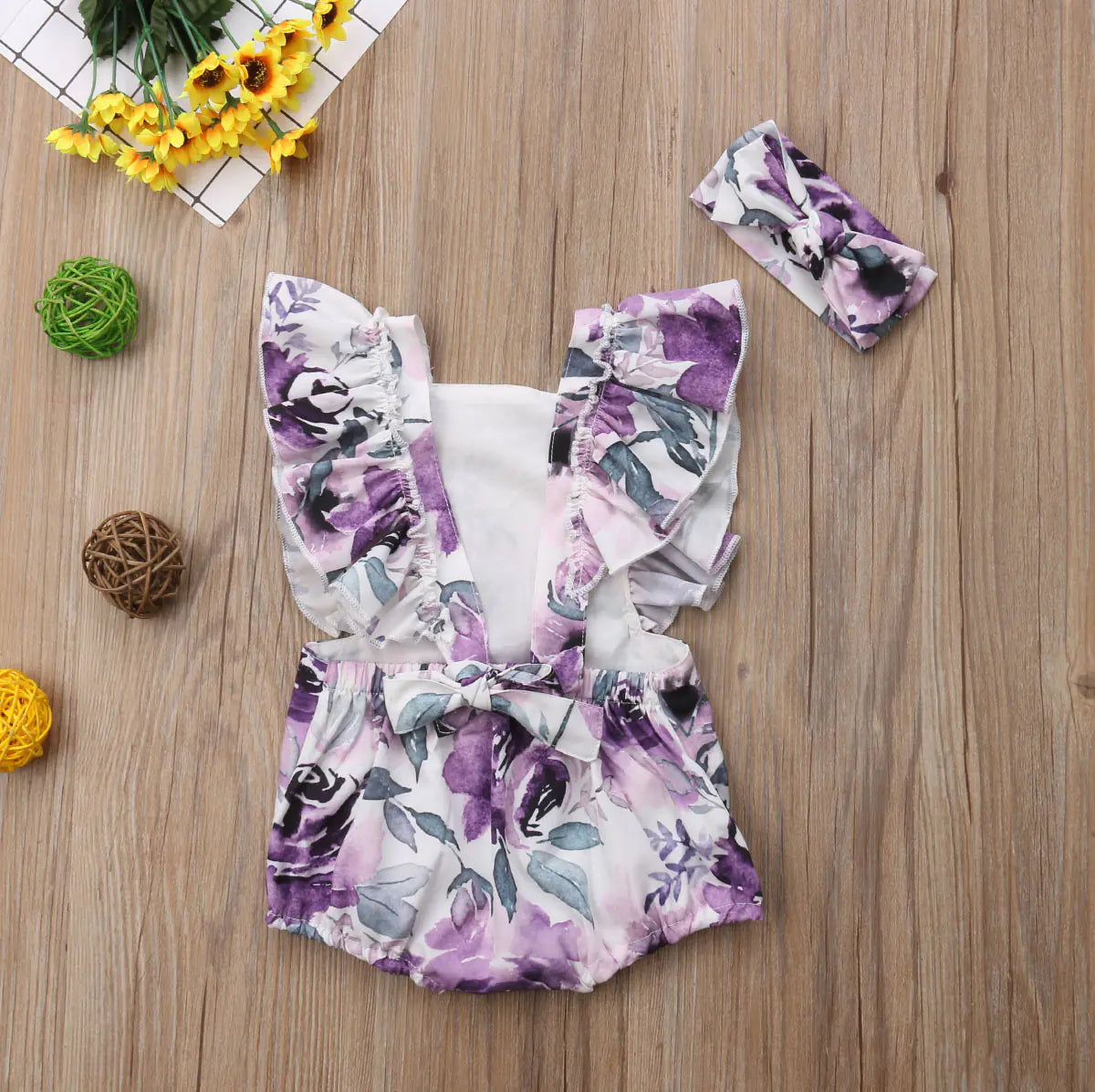Girls' Floral Outfit with Back Tie and Headband Set