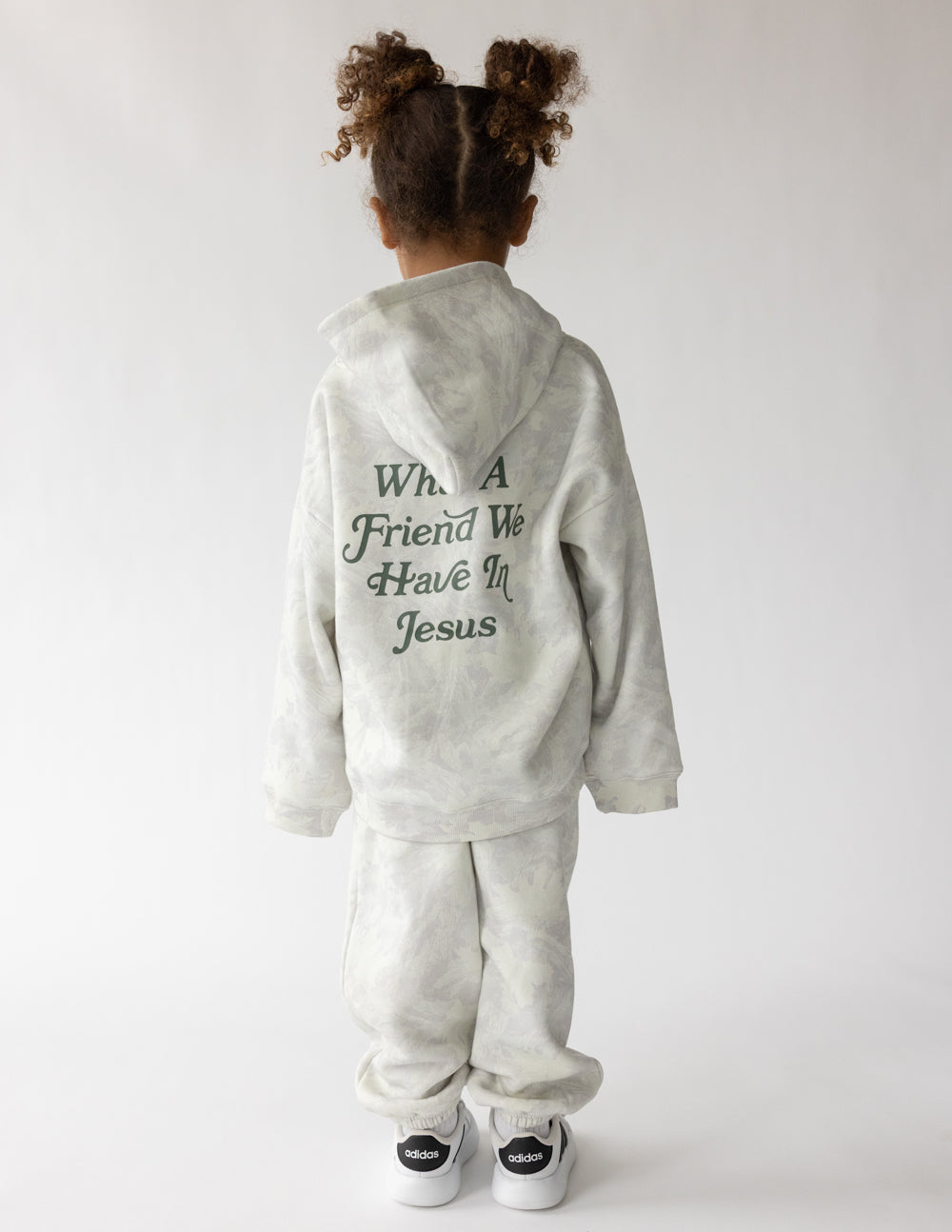 Kids grey and white camo print hoodie with elevated faith branding, oversized fit.