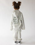 Kids grey and white camo print hoodie with elevated faith branding, oversized fit.