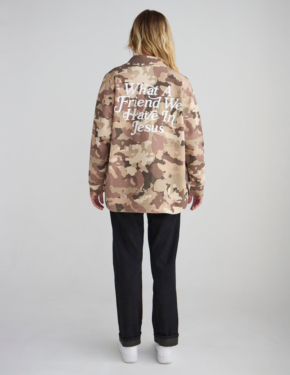What a Friend in Jesus Camo Shacket - Oversized Cotton Button-Down