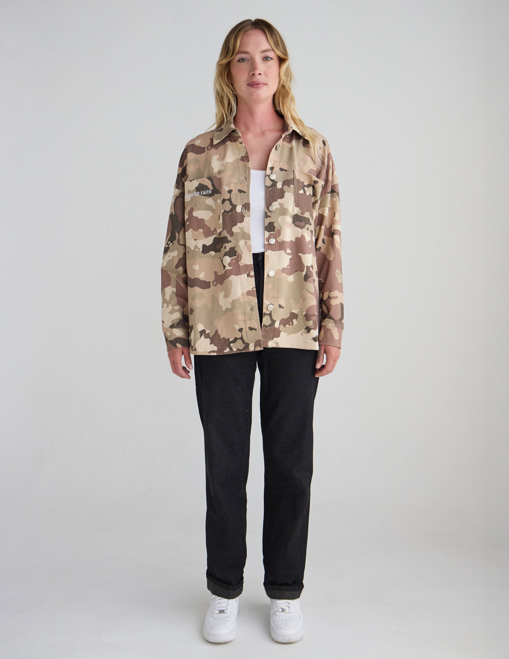 What a Friend in Jesus Camo Shacket - Oversized Cotton Button-Down