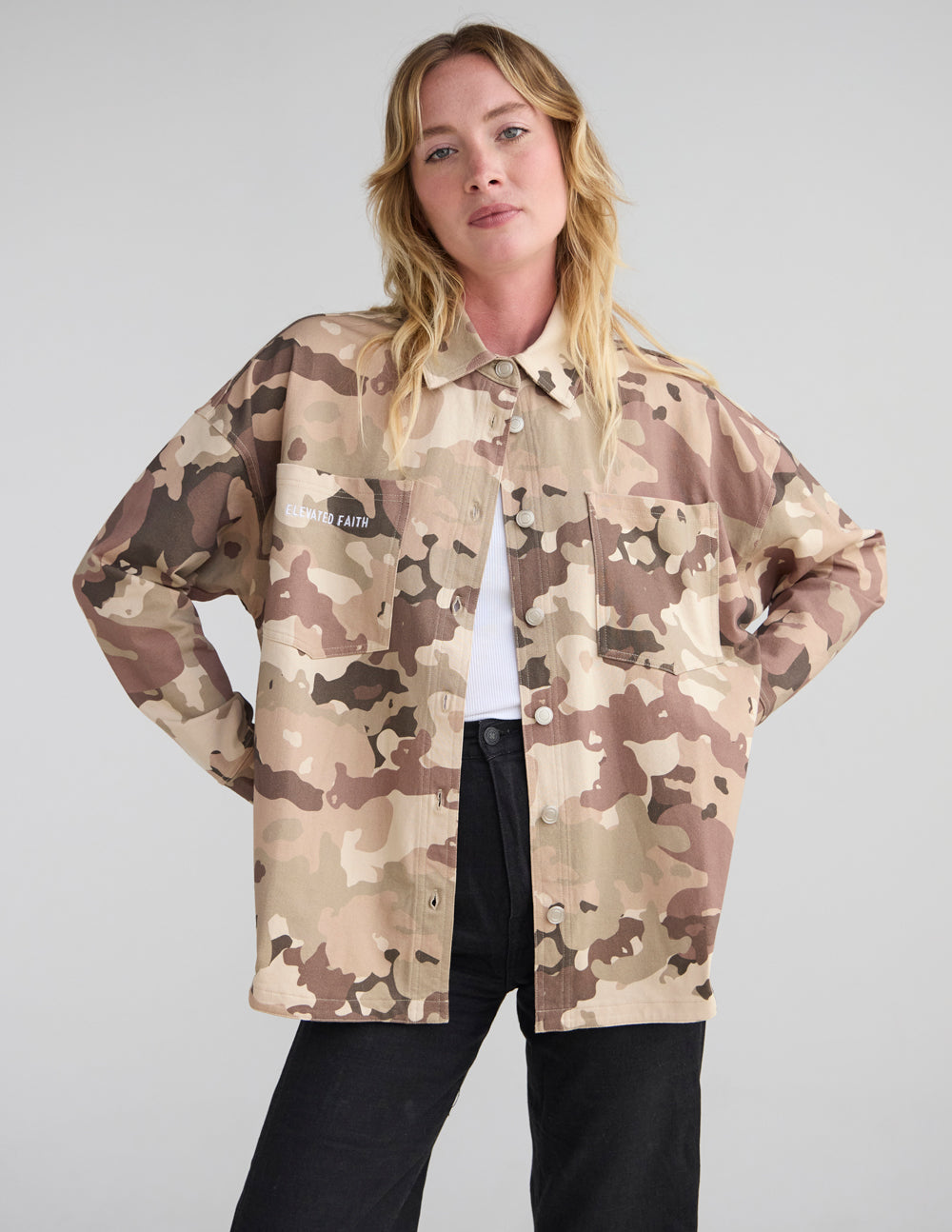 What a Friend in Jesus Camo Shacket - Oversized Cotton Button-Down